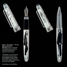 Load image into Gallery viewer, View of the John and Ringo Pens with the cap off. The barrel has a full portrait of the respective member which matches the signature printed on the cap.