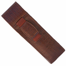 Load image into Gallery viewer, Back panel view of the brown croco textured pen case. it features a loop for belt attachment.