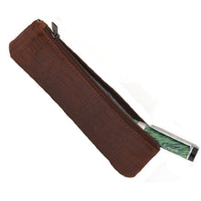 Load image into Gallery viewer, A brown textured leather pen case with a green pen inside.