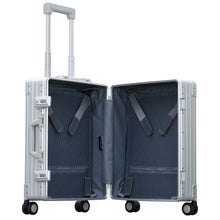 Load image into Gallery viewer, Inside view of the suitcase. It features some interior compression boards with zippered compartments.