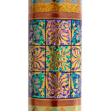 Load image into Gallery viewer, Close up to a section of the pen on a white background. It is composed of small pieces of raden set on a grid of squares. Each square has a design made of gold lacquer.