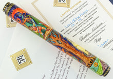 Load image into Gallery viewer, Side view of the Fountain Pen on top of the certificates. This side shows a Hobbit with fireworks, and a tall tree with an owl hiding in it.