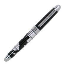 Load image into Gallery viewer, Front view of the rollerball on a white background. Set on a white background. The trims are chrome, the cap is black, and the barrel has an outline of Elvis on a pose behind the some jail bars.