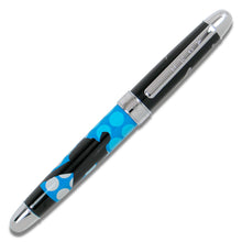 Load image into Gallery viewer, Front view of the rollerball on a white background. The pen's trims are chrome. The barrel is black with some designs in white. The barrel has a blue background with a pattern of lighter blue and white circles and a silhouette of Elvis in black.