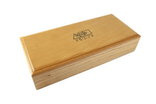 Load image into Gallery viewer, Angled view of the wooden case. The top of it has an outline of the ACME Logo. Set on a white background.
