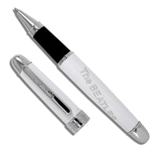 Load image into Gallery viewer, The rollerball pen with the cap set next to it. The clip on the cap has an engraving that reads "ACME". Set on a white background.