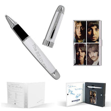 Load image into Gallery viewer, Graphic showing the contents of the set on a white background: A rollerball pen, a business card case, and the presentation box.
