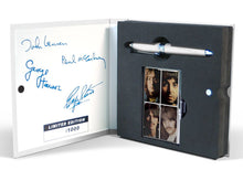 Load image into Gallery viewer, Close up to the inside of the presentation box holding the business card case and the pen. Set on a white background.