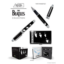 Load image into Gallery viewer, View of the pen with the cap on, view of the pen with the cap off, the front of the card case, the inside, and full back cover of the presentation box.