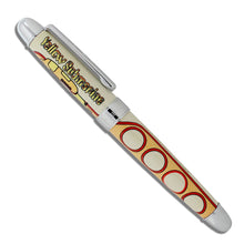Load image into Gallery viewer, Side view of the pen. The cap has the logo with the yellow submarine on it. The barrel has the design of the submarine's windows in them. Set on a white background.