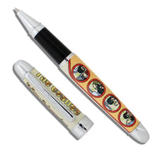 Load image into Gallery viewer, View of the rollerball with the cap set to the side. The drawings of the Beatles characters can be seen waving through the windows. Placed on a white background.