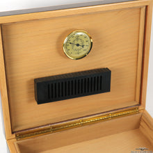 Load image into Gallery viewer, View of the inside of the humidor's lid, showing the humidifier and the hygrometer.