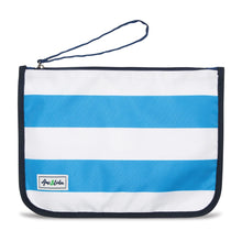 Load image into Gallery viewer, Front view of the blue and white straps bag placed on a white background. The outside lining and zipper strap are in black. A small patch on the bottom left features the Ame & Lulu logo.