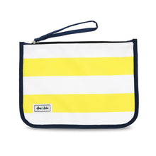 Load image into Gallery viewer, Front view of the yellow and white striped bag, set on a white background. The outer lining and zipper strap are black.