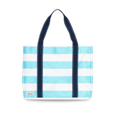 Load image into Gallery viewer, Ame & Lulu Sun & Sea Tote in light blue and white strips on a white background.