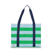 Load image into Gallery viewer, Front view of the Tote in Grasshopper color. (Light blue and green straps).