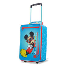 Load image into Gallery viewer, Angled front view of the Mickey Suitcase with the handle pulled up. It is sky-blue, with an illustration of Mickey and his name on the front. The zippers are red.
Placed on a white background.