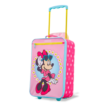 Load image into Gallery viewer, Angled-front view of the Minnie suitcase. It features an illustration of Minnie Mouse with a flower circle and a pink and blue background.
Placed on a white background.