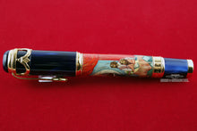 Load image into Gallery viewer, Side view of the Fountain Pen, set on a red background. The side of the illustration shows two bearded men near a table.