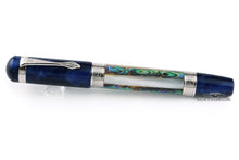 Load image into Gallery viewer, Ancora Amalfi Limited Edition Fountain Pen - Front view. The cap and bottom of the barrel are navy blue and the pen has silver trims. The main design features strips of rainbow and white abalone. Set on a white background