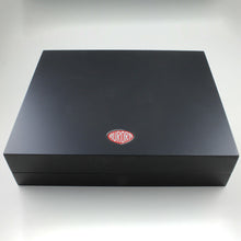 Load image into Gallery viewer, Top view of the matte black presentation box on a white background. The red and white aurora logo is featured on the top.