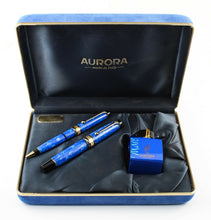 Load image into Gallery viewer, The pens arranged in the presentation box with the included blue ink bottle. Placed on a white background.