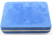 Load image into Gallery viewer, Top view of the blue felt "clam-shell" open/close presentation box. There is a golden trim outlining where the box opens.