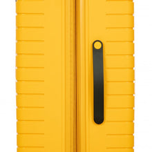 Load image into Gallery viewer, Close up to the side of the mango yellow suitcase. A black handle is is available for easy grabbing.