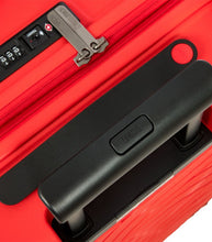 Load image into Gallery viewer, Top View of the red suitcase. It features a black handle, and a three-digit combination lock.