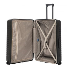 Load image into Gallery viewer, Interior view of the black 30 inch suitcase. The lining is light brown. The left side features a zipper-closing compartment, and the right side a set of straps to hold contents in place.