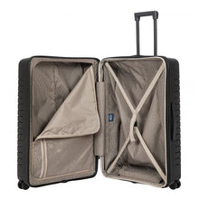 Load image into Gallery viewer, Interior view of the suitcase with the left zipper compartment shown partly opened.