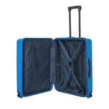 Load image into Gallery viewer, Interior view of the 30 inch electric blue suitcase. The lining is a dark navy blue. The left side features a zipper-closing compartment, and the right side a set of straps to hold contents in place.