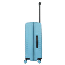 Load image into Gallery viewer, Side view of the 30 inch light blue hard-shell expandable suitcase. This side features a black handle. The telescopic handle has been retracted.
