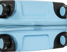 Load image into Gallery viewer, Close up to the bottom of the light blue spinner suitcase.
