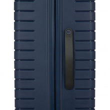 Load image into Gallery viewer, Close up to the side panel of the 30 inch ocean blue expandable suitcase. This side features a black handle.