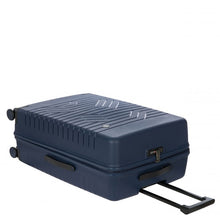 Load image into Gallery viewer, View of the suitcase laying on its back. The top, side and front panels are viewed with the telescopic handle retracted.