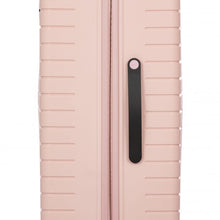 Load image into Gallery viewer, Side view of the pearl pink suitcase. A black handle is available for easy grabbing.