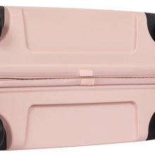 Load image into Gallery viewer, Close up to the bottom of the pink hard-shell suitcase.