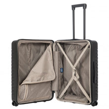 Load image into Gallery viewer, Interior view of the black suitcase. The interior lining is a light brown. The left panel has a zipper-closing compartment and the right panel has a set of straps to hold contents in place.