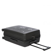 Load image into Gallery viewer, The black hard shell suitcase laid on its back with the telescopic handle pulled. The top, side and front Panel panels can be seen.