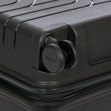 Load image into Gallery viewer, Close up to the spinner wheel on the black suitcase.