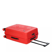 Load image into Gallery viewer, Angled view of the red hard shell suitcase with black accents laid on its back. The telescopic handle is pulled. The side, top, and front are visible.