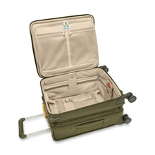 Load image into Gallery viewer, Briggs & Riley Baseline Global Carry-On Spinner - Olive
Image of Spacious Interior Packing Capability, with bag shown fully expanded.
Height	     Width	     Depth	       Weight
US	21 in.       15 in.	9 in.	         9.9 lbs. 
EU	53.3 cm	38.1 cm	22.9 cm	 4.5 kg