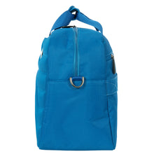 Load image into Gallery viewer, Side view of the electric blue duffle bag on a white background. The sides have rings to attach the shoulder bag.