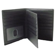 Load image into Gallery viewer, Interior view of a black leather wallet with an extra page and multiple credit card compartments.