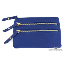Load image into Gallery viewer, Front view of the blue cosmetic bag with two zipper-closing pockets.
