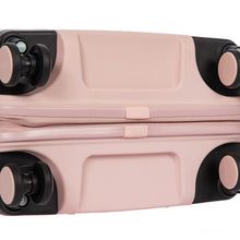 Load image into Gallery viewer, Close up to the bottom of the pearl pink suitcase.