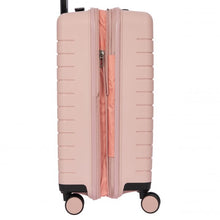Load image into Gallery viewer, Side view of the pearl pink hard shell suitcase. The expandable feature is zipped open.