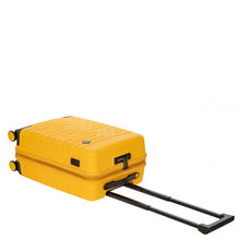 Load image into Gallery viewer, A mango yellow suitcase laid on its back with the telescopic  handle pulled. The top, side, and front panels are shown.