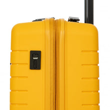 Load image into Gallery viewer, Close up to the side of the mango yellow suitcase featuring the USB ports. The Type-C and a Type-A slots are available. (Power supply not included.)